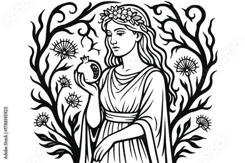 Persephone's Underworld Garden. Persephone in the underworld holding a pomegranate, surrounded by skeletal flowers and shadowy