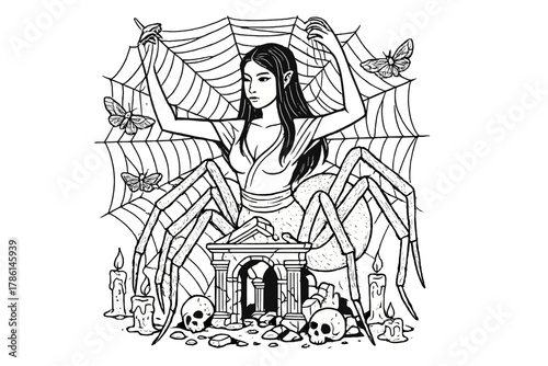 Jorogumo Spider Weaving. Jorogumo spider woman weaving webs over a ruined temple with moths, skulls, and broken candles, black and