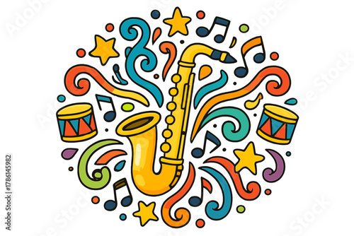 Jazzy Saxophone Mandala. Saxophone in the center with swirls, notes, stars, and drums radiating outward in jazzy mandala design,
