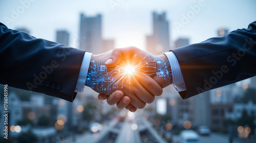 Two Businessmen Shaking Hands with Digital Circuit Board Overlay and Bright Flare Against Blurred Modern City Skyline, Ideal for Technology Partnership, AI Integration, and Future Business Concepts