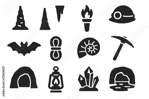 Cave Exploration Icons. Solid style icons of Cave Discovery: Stalagmite, Stalactite, Torch, Helmet, Bat, Rope, Fossil, Pickaxe,