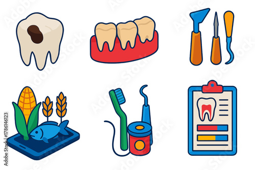 Ancient Dental Discoveries. Isometric vector illustration set Paleopathology of dental health: dental cavities, worn incisors,