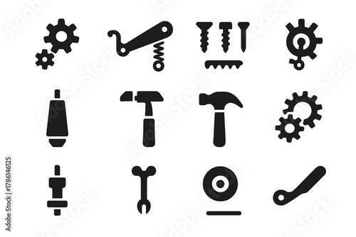 Micro-Mechanics Icons Display. Solid style icons of Micro-mechanics: miniature gears, lever spring, tiny screws, pinion wheel,