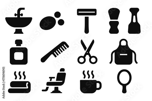 Grooming Essentials Icons. Solid style icons of Grooming Rituals: Wash Basin, Soap, Razor, Brush, Cologne, Comb, Scissors, Apron,