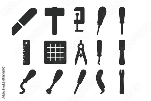 Workshop Tools Icons. Solid style icons of Workshop Tools: Knife, Mallet, Stitching Pony, Awl, Ruler, Cutting Mat, Compass, Chisel