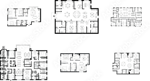 Compilation of six architectural floor plans for residential units