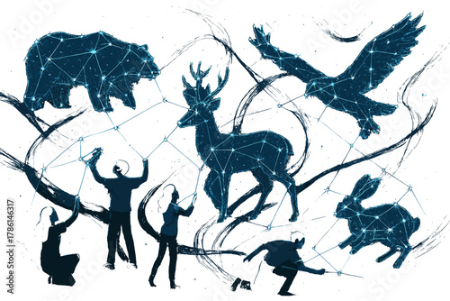 Celestial Festival Scene. Constellation festival with glowing star animals, humans connecting dots, and cosmic ribbons weaving