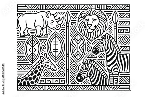 Tribal Animal Motifs. African tribal ornament with bold animal motifs, shields, spears, and repeating geometric lines, black and