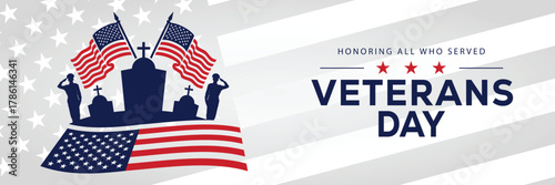Veterans Day banner with a soldier silhouette saluting, flanked by American flags, set against a background of stars and stripes. Honors veterans and service members who served the USA.