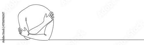 Continuous one line drawing of a person hugging themselves. Concept of self-love, comfort and loneliness