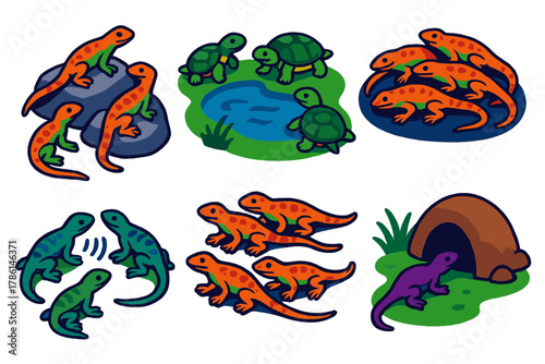 Reptile Social Learning. Isometric vector illustration set Social learning in reptiles: rock-dwelling lizards watching hunting