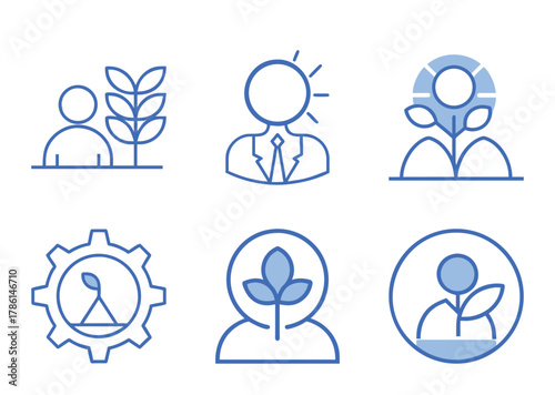 Set of six blue outline icons relating to agriculture and sustainability