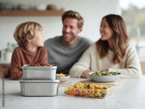 Happy family meal prepping healthy food in reusable containers in a bright, modern kitchen. Sustainable living, mindful eating, and love are reflected. © SolaruS