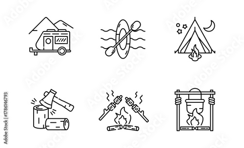 Set of Camping and Trekking icon, Marshmallow and Camper, Kayak and Tent, outdoor adventure thin line and pixel Symbol Outline icon Editable Stroke