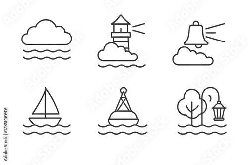 Foggy Morning Icons. Line style icons of Foggy Morning: Dense Mist, Hidden Object, Lighthouse, Foghorn, Sailboat, Buoy, Tree