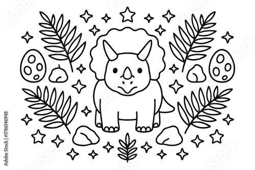 Triceratops Coloring Design. Triceratops in the middle with ferns, rocks, eggs, and stars radiating outward in symmetrical design,