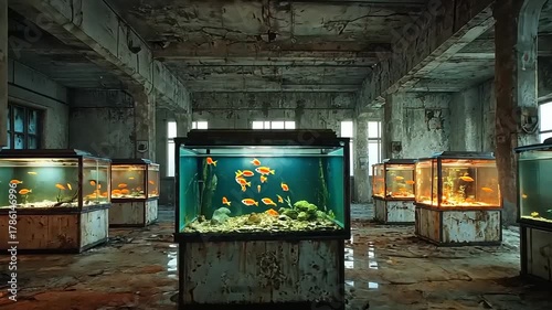 Abandoned Aquarium with Fish Tanks in Ruined Industrial Building.