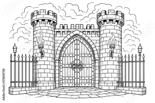 Gothic Castle Gate. Gothic castle gate with heavy iron doors, spiked fences, and torches flickering in the fog, black and white
