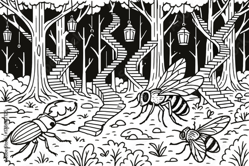 Surreal Forest Illumination. Surreal dark forest with floating lanterns, giant insects, and shifting staircases between trees,