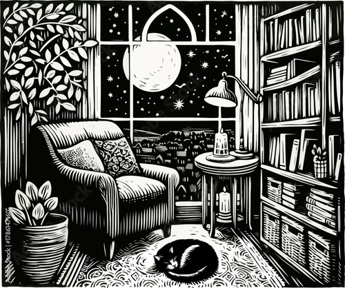 Cozy Reading Room with Coffee and Cat by Moonlight Woodcut Art