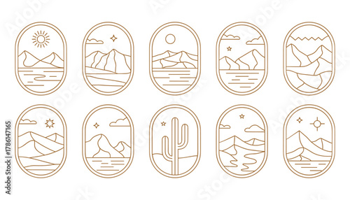 Ten minimalist desert landscape line art icons with sun mountains water and cactus vector