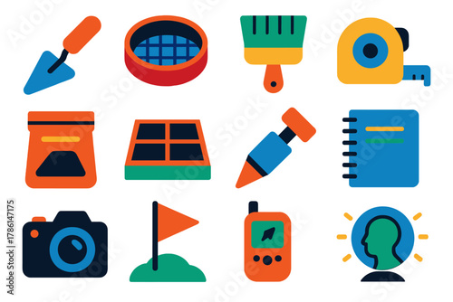 Archaeology Toolkit Icons. Flat vector icons of archaeological methodology applied to landfill sites: trowel, sieve, brush,
