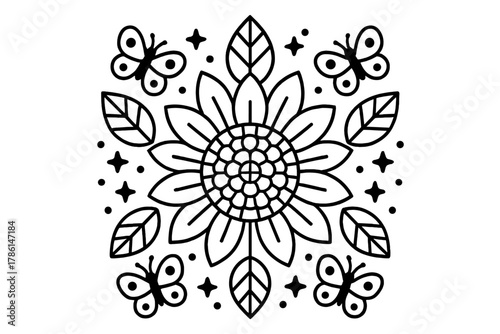 Sunflower Symmetry Coloring. Sunflower in the center with seeds, leaves, butterflies, and stars arranged in radial symmetry, black