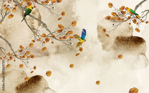 Fototapeta Naklejka Na Ścianę i Meble -  Golden Bird Branch 3D – Nature-inspired 3D wall with golden birds and twigs over a soft ivory textured background.
