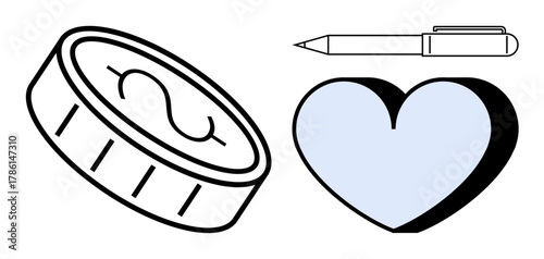Dollar coin, blue heart, and pen illustrating finance, love, creativity, decision-making, business, self-expression. Ideal for wealth relationships productivity storytelling minimalistic design