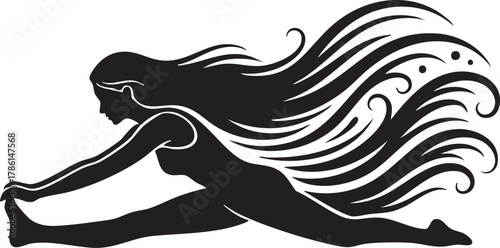 Flowing Elegance: Woman in Stretching Lunge with Wavy Hair Silhouette