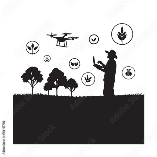 Farmer controlling drone with laptop in field with crop icons agriculture technology