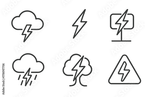 Thunderstorm Icon Set. Line style icons of Thunderstorm: Thundercloud, Bolt, Rod, Power Surge, Rain, Tree, Warning Sign, Flash, No