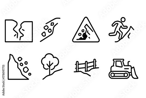 Landslide Icons Collection. Line style icons of Landslide: Slumping Ground, Debris Flow, Warning Sign, Evacuation, Rockfall, Tree,
