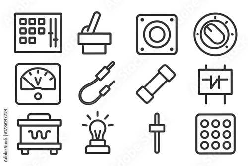Line Style Control Icons. Line style icons of control panels: switchboard, toggle switch, pilot light, rotary knob; voltmeter,