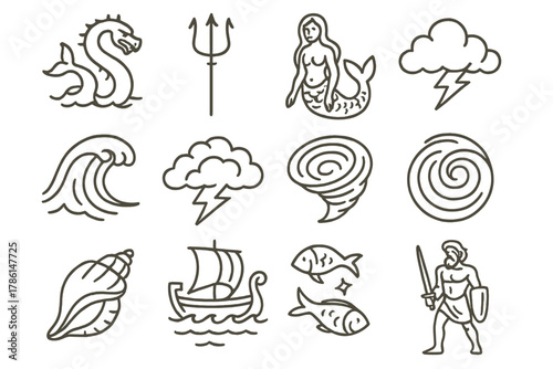Sea Myth Icons. Line style icons of sea myths: sea monster, trident, siren, dolphin; giant wave, storm cloud, whirlpool, winged