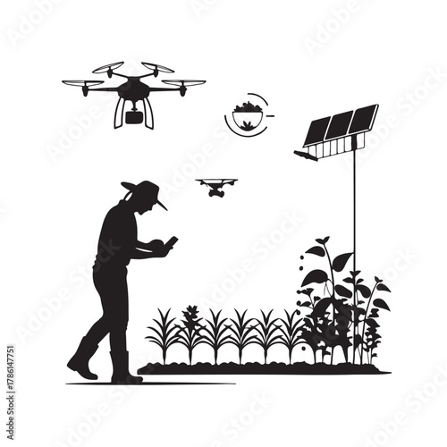 Farmer using smartphone to control drones and monitor crops near solar panels agriculture technology