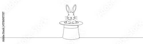 Continuous one line drawing of a rabbit in a magician's hat. Concept of magic, illusion and performance