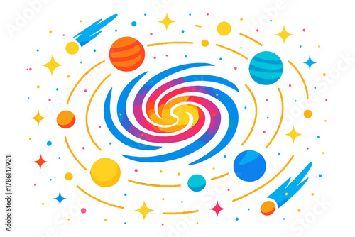 Vibrant Cosmic Spiral. Galaxy spiral in the middle with orbits, moons, comets, and stars radiating outward in cosmic symmetry,