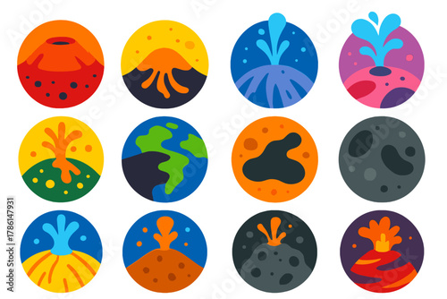 Planetary Volcanism Icons. Flat vector icons of planetary volcanism: Mars Olympus Mons, Venus volcanic dome, Enceladus ice geyser,
