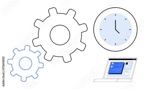 Gears symbolize system processes, clock represents time management, and laptop suggests digital work. Ideal for productivity, teamwork, workflow, efficiency, planning, automation technology