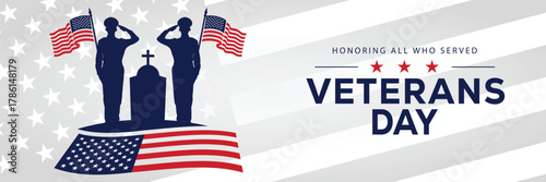 Veterans Day banner with a soldier silhouette saluting, flanked by American flags, set against a background of stars and stripes. Honors veterans and service members who served the USA.
