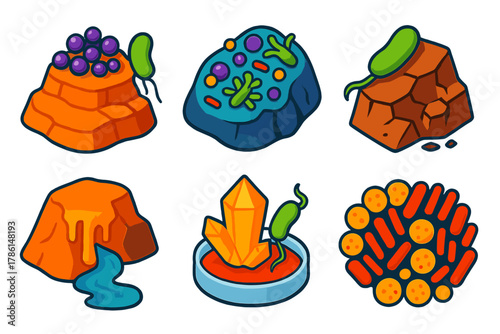 Geomicrobiology Icons Set. Isometric vector illustration set Geomicrobiology: bacteria-induced mineral deposits, rock biofilms,