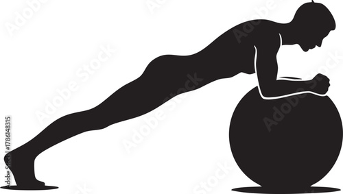 Core Stability Plank: Man Balancing on Exercise Ball Silhouette