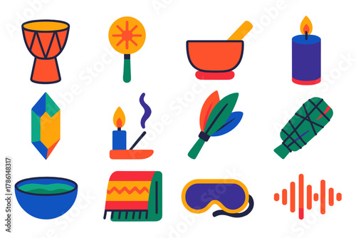 Psychedelic Healing Icons. Flat vector icons of Psychedelic Healing Tools: music drum, rattle, singing bowl, candle, crystal,