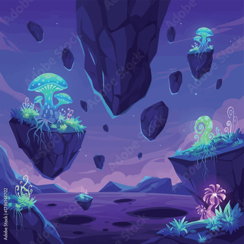 Whimsical illustration of a surreal landscape featuring floating islands adorned with glowing flora, set against a dreamy, vibrant, and ethereal backdrop.