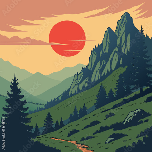 A scenic mountain landscape with a rising sun and lush green forest view