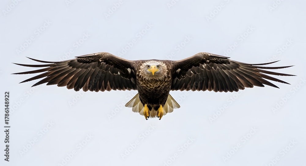 Obraz premium Frontal view of eagle in flight, wings wide, eyes focused, sky background