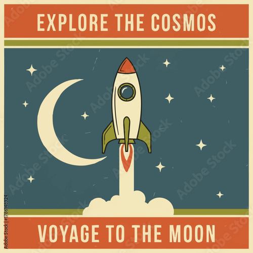 Vintage-style illustration of a rocket ship blasting off towards the moon amidst a starry night sky, evoking exploration.