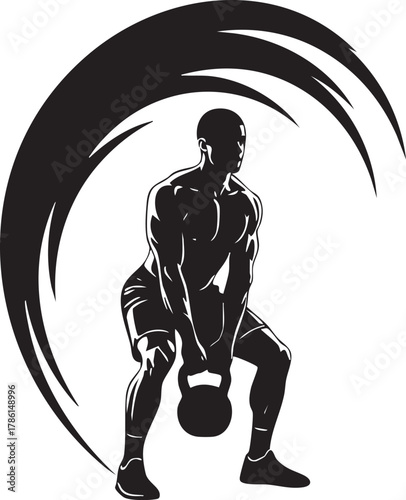 Energy Swing: Muscular Man with Kettlebell and Dynamic Wave Silhouette