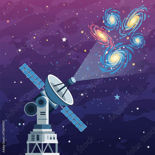A detailed illustration showcases a satellite dish observing galaxies in the vast cosmos, exploring the mysteries of space.